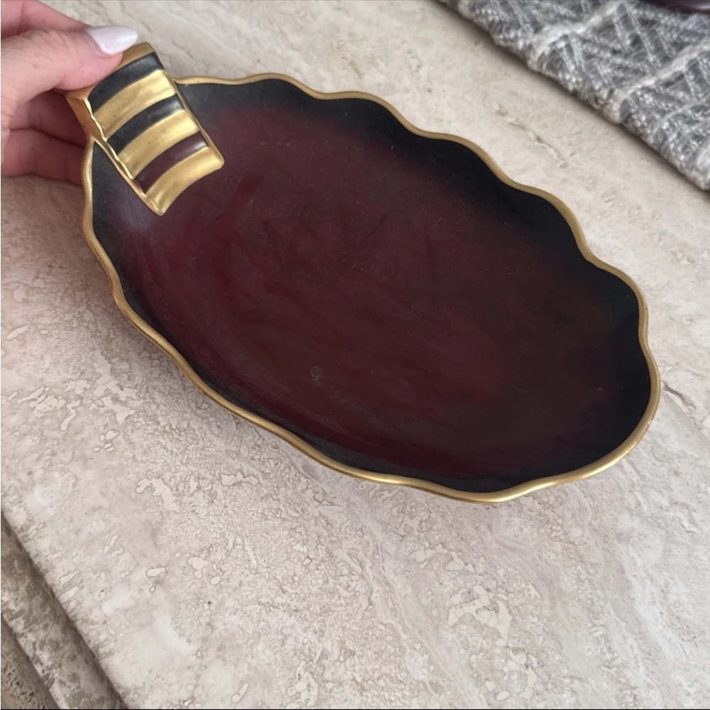 Carlton Ware Red Lustre Trinket Dish Gold Handle Vintage Cobalt Ceramic